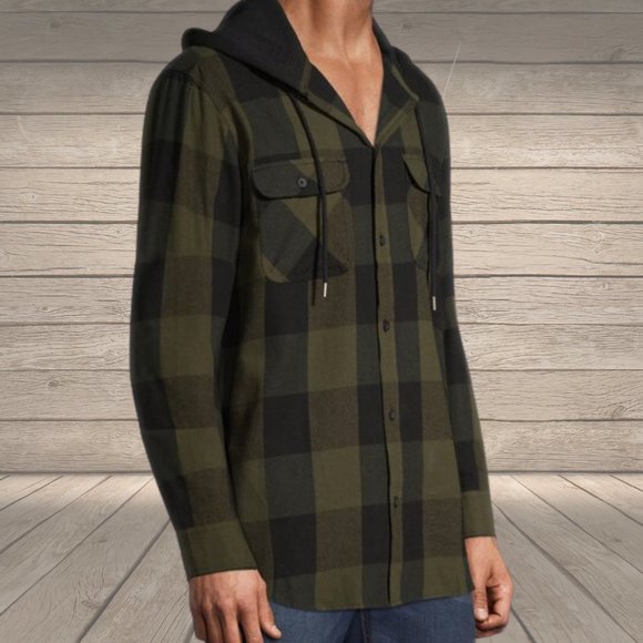 No Boundaries Men's Hooded Flannel Shirt Army Green and Black Checked - Picture 7 of 10